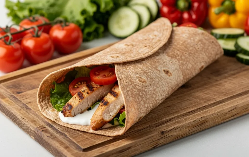 Un wrap complet garni de poulet grillé, laitue, tomates cerises et sauce au yaourt repose sur une planche en bois entourée de légumes colorés.