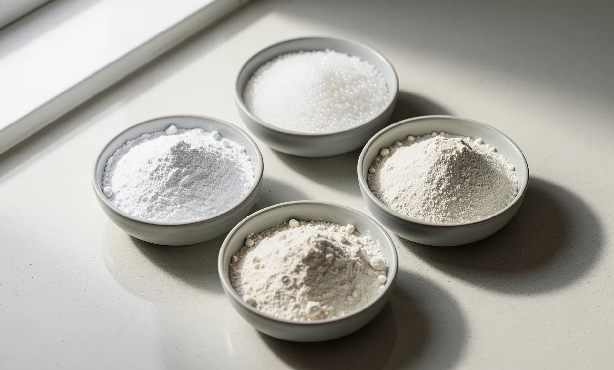 Cinq petits bols vus du dessus contiennent des alternatives à la fécule de maïs, disposés en cercle sur un plan de travail éclairé naturellement.