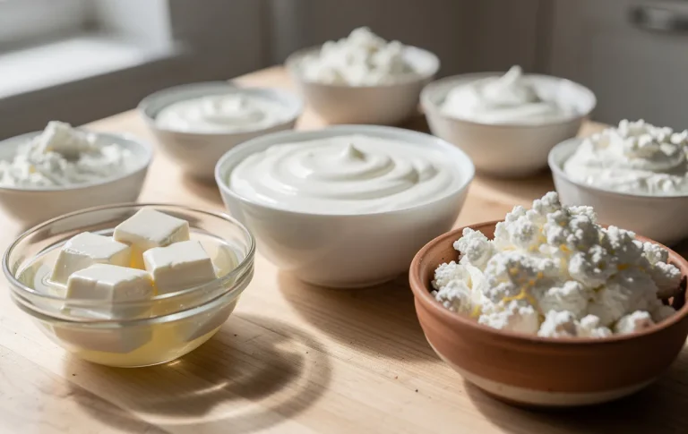 Un assortiment de bols contenant des alternatives crémeuses au fromage blanc est disposé sur une table en bois éclairée par la lumière du jour.