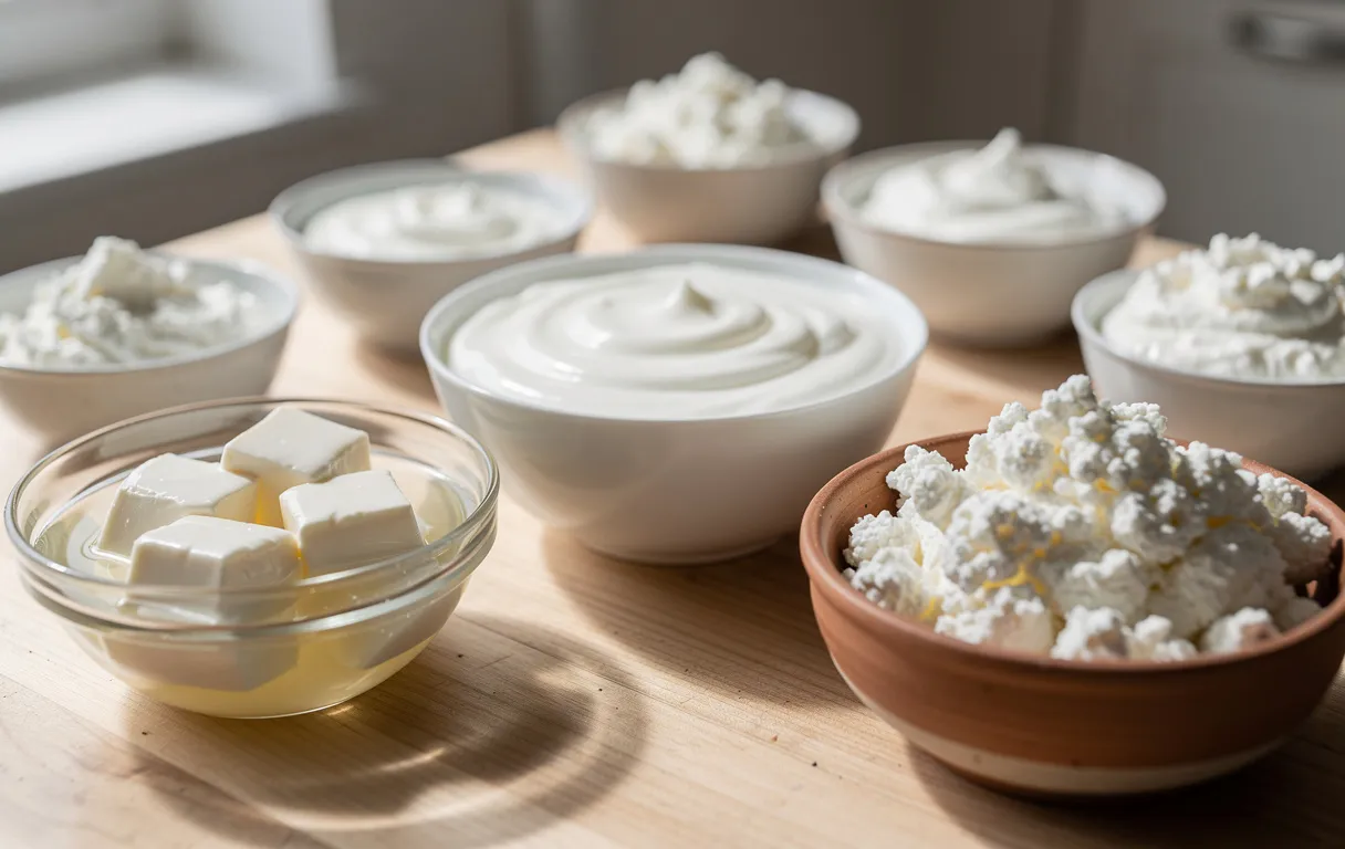 Un assortiment de bols contenant des alternatives crémeuses au fromage blanc est disposé sur une table en bois éclairée par la lumière du jour.
