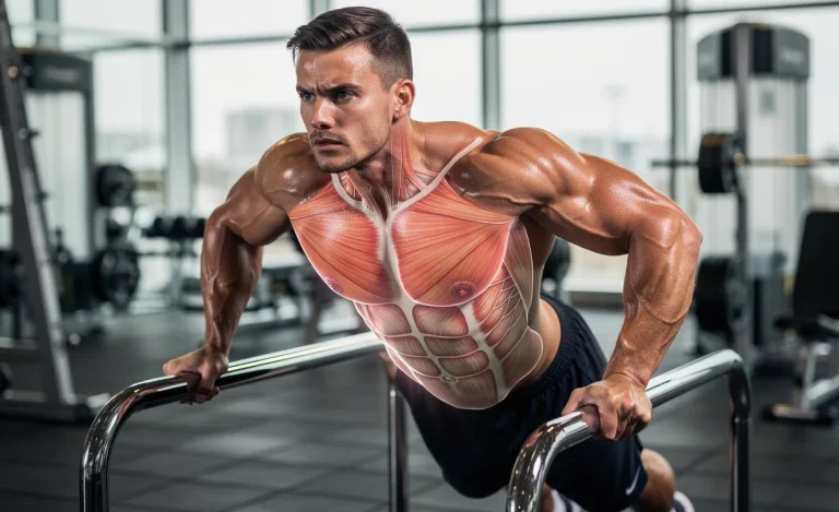 Un athlète effectue des dips sur des barres parallèles dans une salle de sport moderne avec les muscles de la poitrine, des triceps et des épaules mis en évidence.