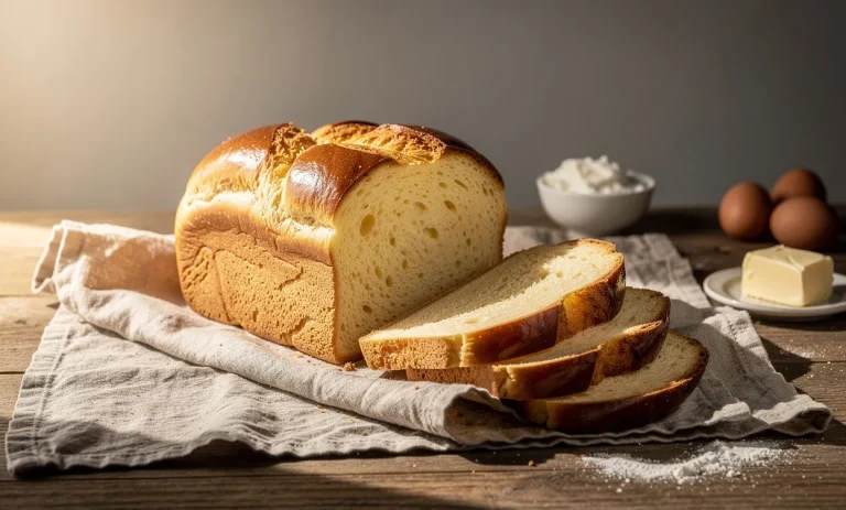 Une brioche dorée et moelleuse au fromage blanc est tranchée et posée sur un linge rustique, avec quelques ingrédients frais en arrière-plan.