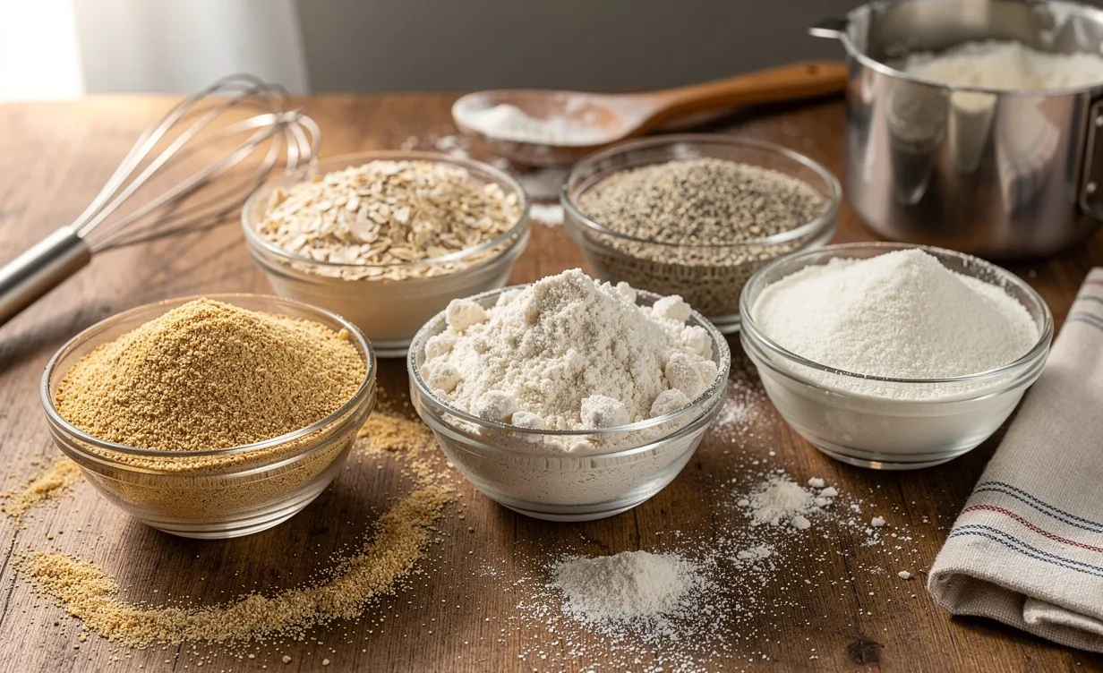 Cinq petits bols en verre remplis de différentes farines alternatives sont posés sur une table de cuisine avec quelques ustensiles de pâtisserie.