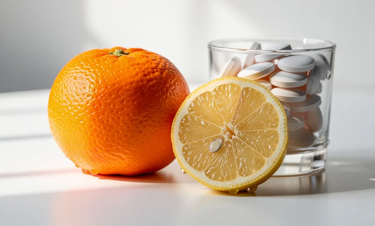 Un orange vif et un citron tranché reposent près d’un verre contenant des comprimés de vitamine C sur une table blanche éclairée par la lumière du matin.