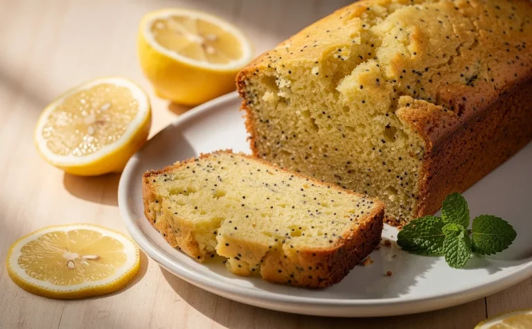 Tranche de cake au citron et graines de pavot sur une table en bois clair, accompagnée de rondelles de citron et d’une branche de menthe.