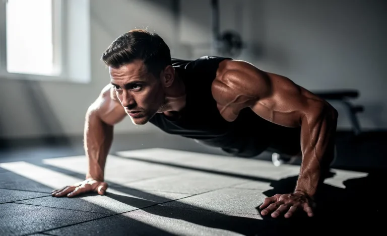 Un homme en position de pompe met en valeur ses muscles dans une salle de sport minimaliste éclairée par la lumière du matin.