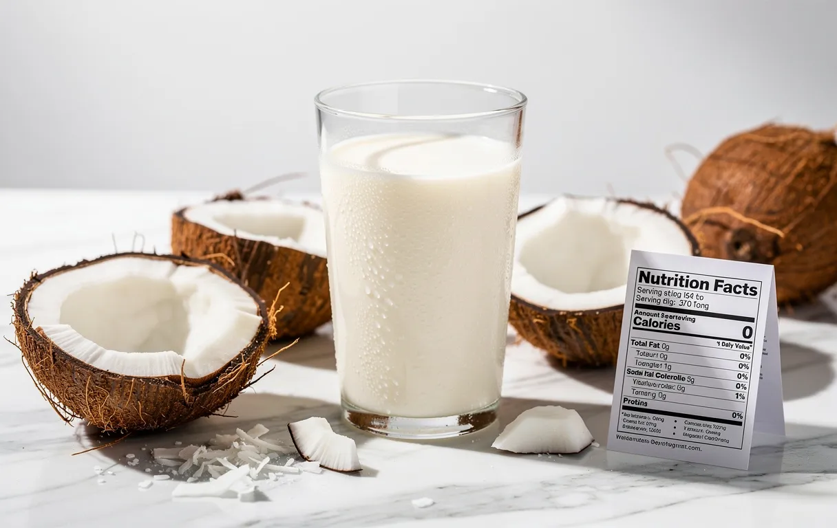 Un verre de lait de coco crémeux entouré de moitiés de noix de coco et d’un petit tableau nutritionnel sur une surface en marbre blanc.