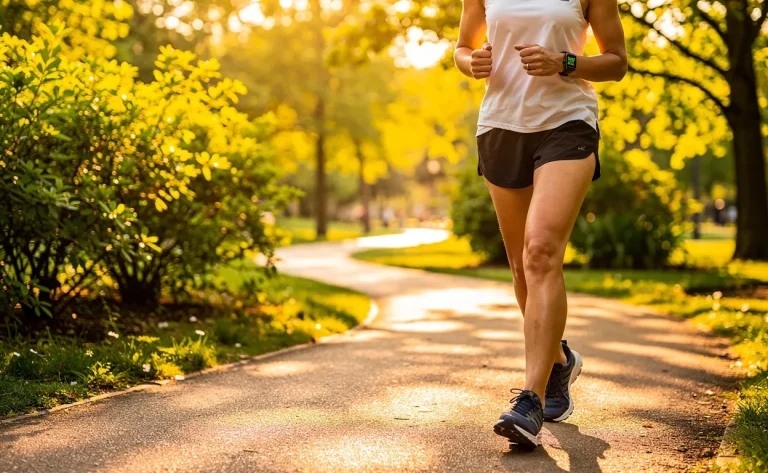 Une personne marche sur un chemin de parc ensoleillé, portant un bracelet connecté affichant 23 000 pas et les calories brûlées, entourée de verdure sous une lumière dorée.