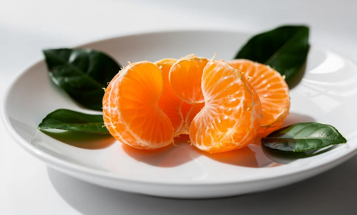 Une mandarine épluchée aux quartiers disposés sur une assiette blanche avec quelques feuilles vertes.