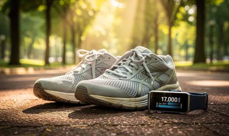 Une paire de baskets de sport posée sur un chemin bordé d’arbres, accompagnée d’un bracelet connecté affichant 17 000 pas et des calories brûlées sous une lumière dorée.