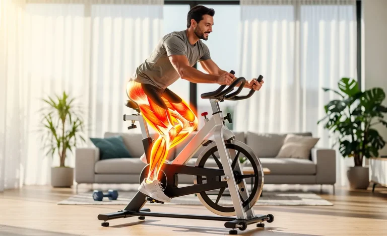 Une personne en forme pédale sur un vélo d’appartement dans un salon lumineux, avec ses muscles activés mis en valeur par des couleurs vives.