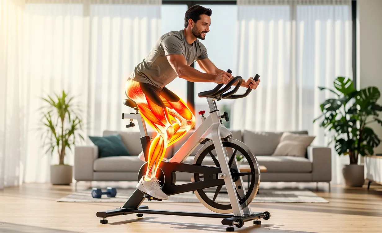 Une personne en forme pédale sur un vélo d’appartement dans un salon lumineux, avec ses muscles activés mis en valeur par des couleurs vives.