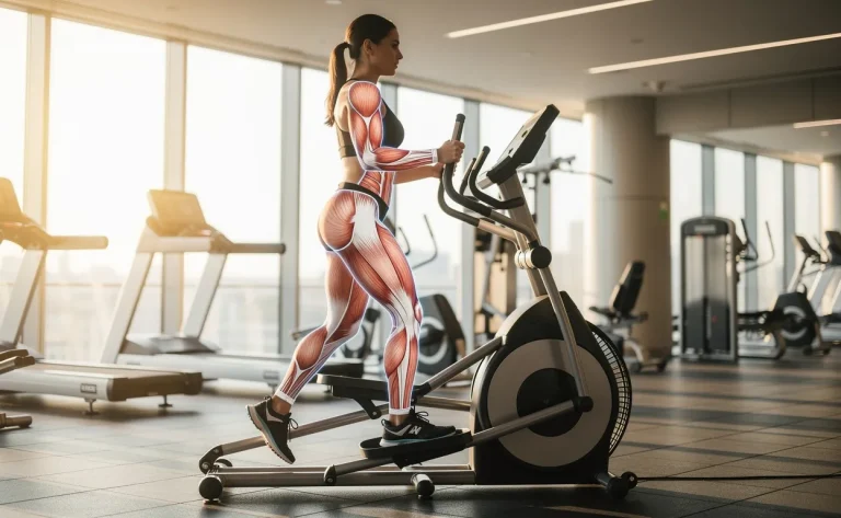 Une femme sportive utilise un elliptique dans une salle de sport moderne éclairée par la lumière du jour, avec des zones musculaires mises en évidence.