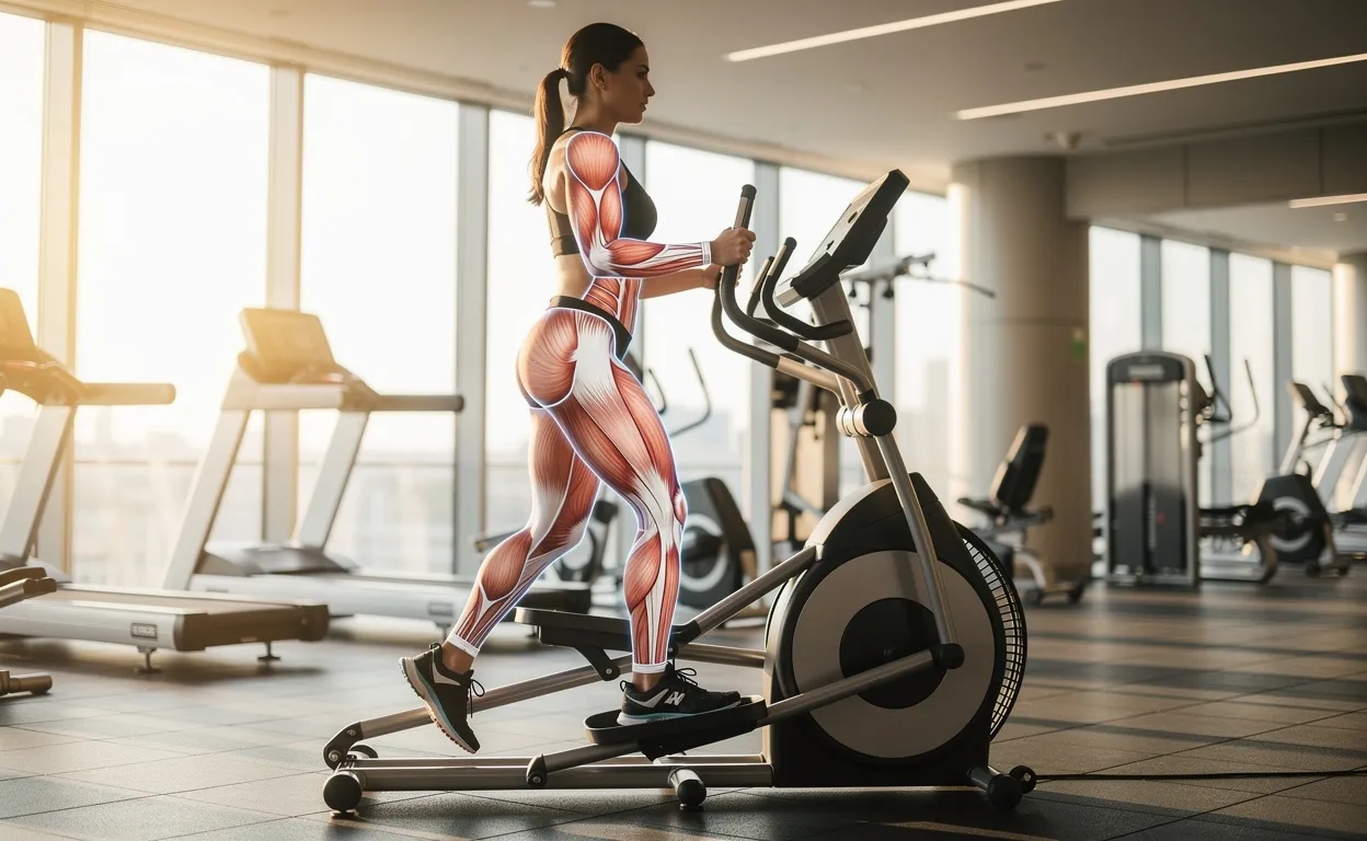 Une femme sportive utilise un elliptique dans une salle de sport moderne éclairée par la lumière du jour, avec des zones musculaires mises en évidence.