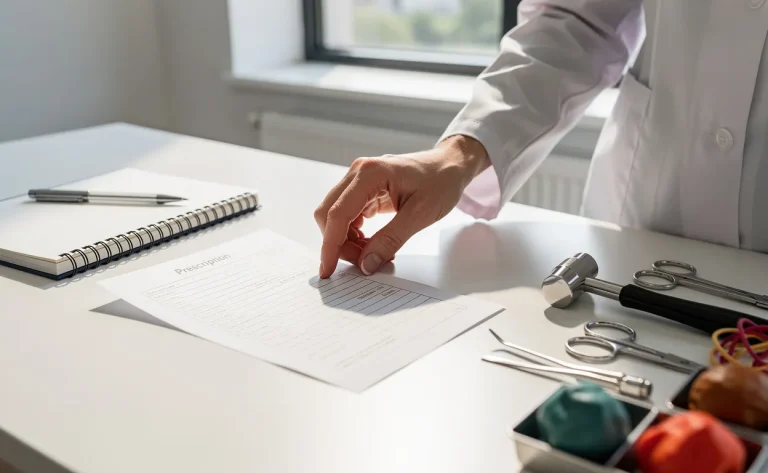 Une main d’ergothérapeute pose une ordonnance sur un bureau propre, près d’outils médicaux et d’un bloc-notes, sous la lumière naturelle d’une fenêtre.