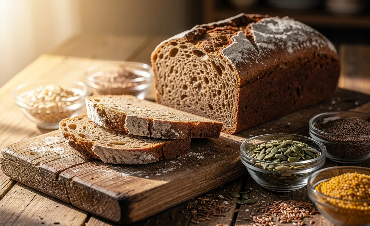 Pain de seigle tranché sur une planche en bois entouré de petits bols en verre contenant différentes graines et céréales, éclairé par une douce lumière naturelle.