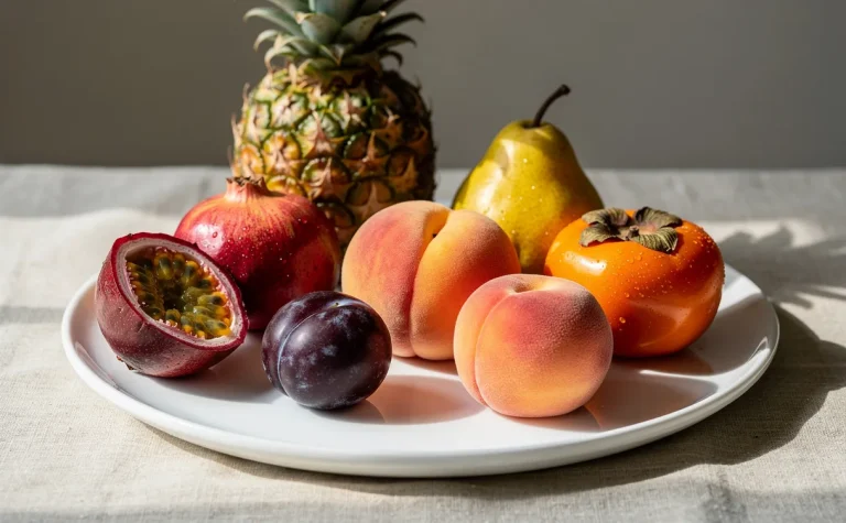 Neuf fruits colorés dont l’ananas, la passion et la grenade, sont disposés sur une assiette en céramique posée sur une nappe, éclairée par la lumière du jour.
