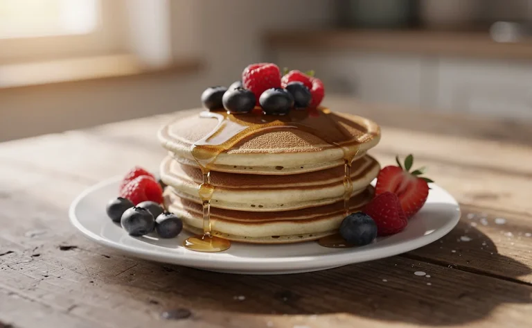 Assiette blanche avec une pile de pancakes dorés sans banane, garnis de baies fraîches et d’un filet de miel sur une table rustique éclairée par la lumière du matin.