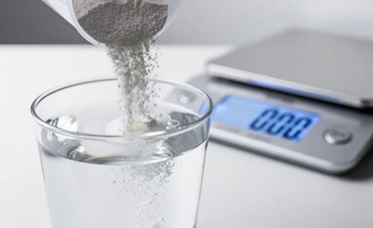 Une cuillère transparente verse de la poudre de créatine dans un verre d’eau devant une balance numérique affichant les grammes, sur une surface blanche et lumineuse.
