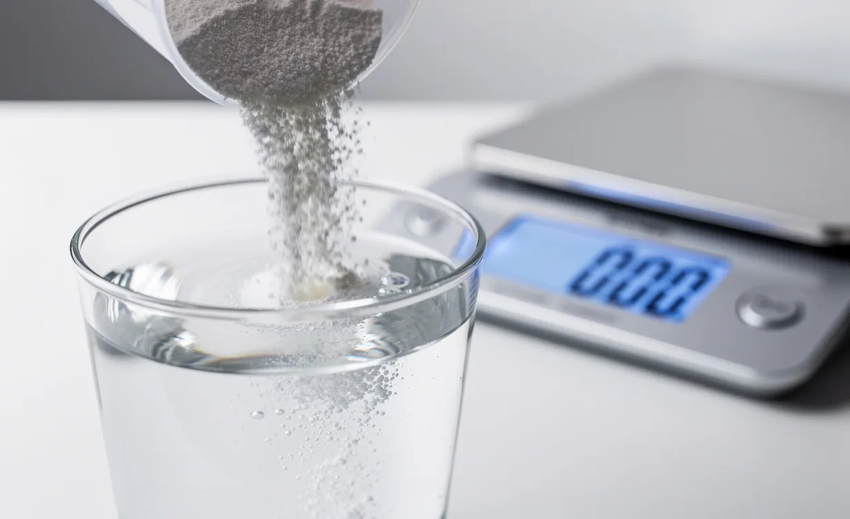 Une cuillère transparente verse de la poudre de créatine dans un verre d’eau devant une balance numérique affichant les grammes, sur une surface blanche et lumineuse.