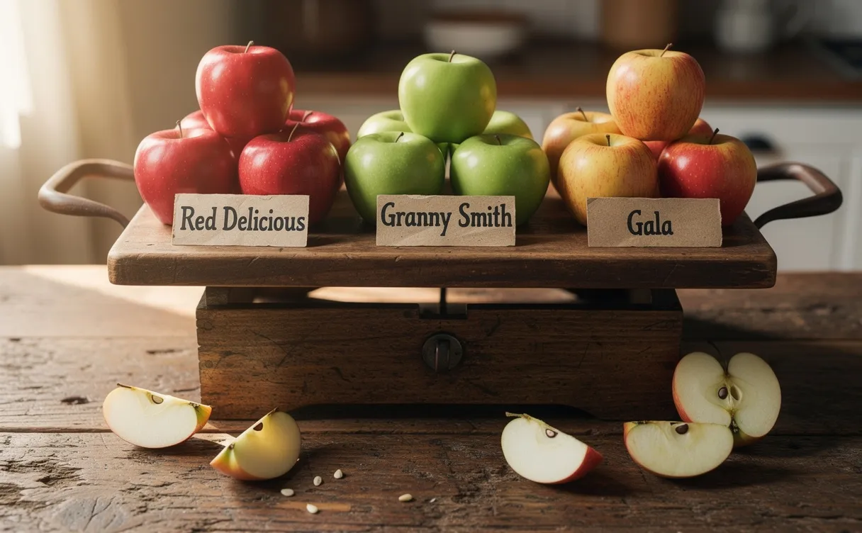 Balance de cuisine en bois avec plusieurs variétés de pommes étiquetées et quelques tranches sur une table rustique éclairée par une lumière matinale.