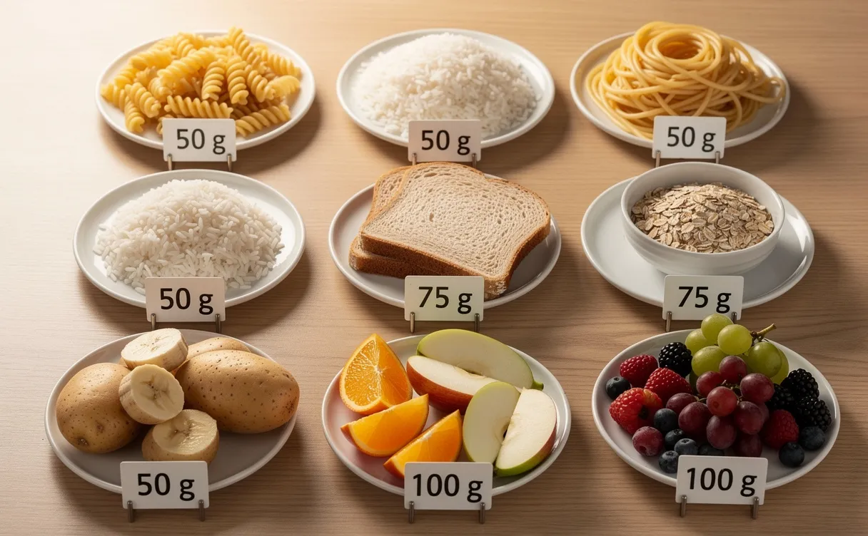Des portions de pâtes, de riz et de fruits riches en glucides sont disposées sur des assiettes avec des étiquettes indiquant leur poids, sur une table en bois éclairée doucement.