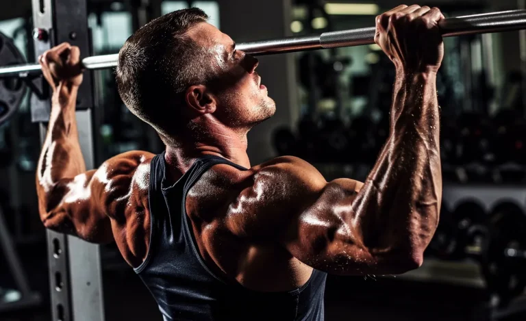 Un homme effectue une traction sur une barre, ses muscles du dos, des bras et des épaules sont mis en évidence par un éclairage latéral.