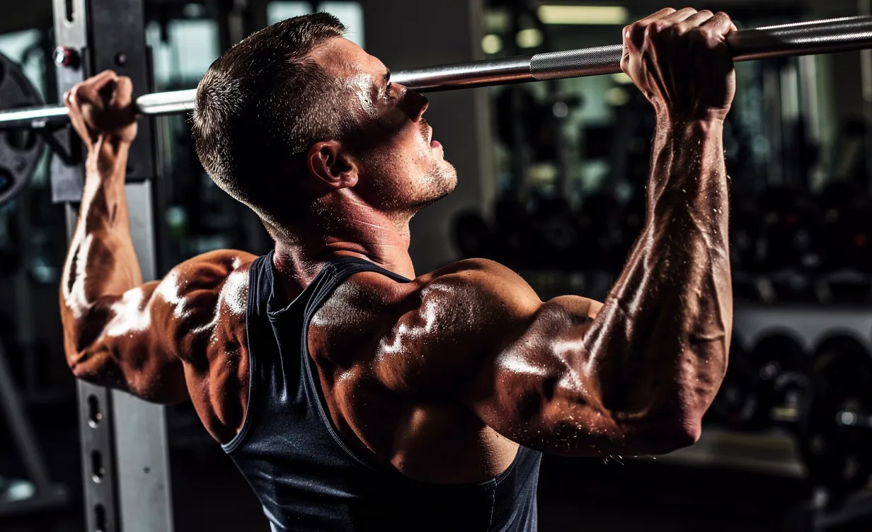 Un homme effectue une traction sur une barre, ses muscles du dos, des bras et des épaules sont mis en évidence par un éclairage latéral.