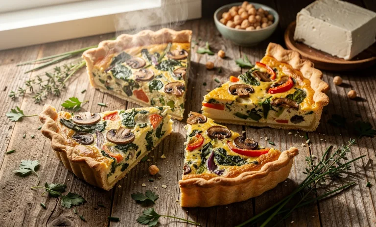 Cinq parts de quiche sans œufs aux garnitures variées sont disposées sur une table en bois, entourées d’herbes fraîches.