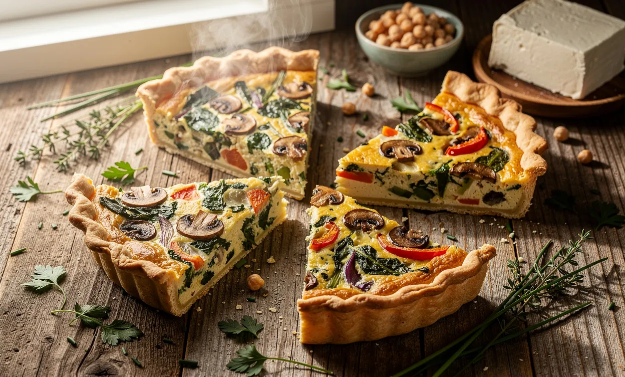Cinq parts de quiche sans œufs aux garnitures variées sont disposées sur une table en bois, entourées d’herbes fraîches.