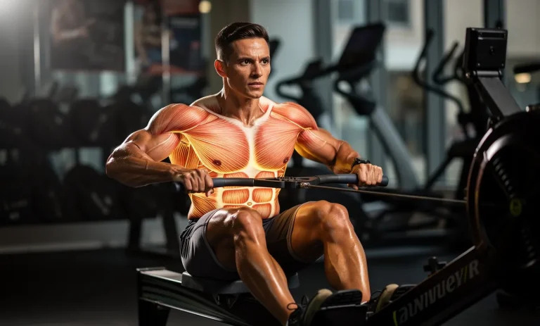 Personne musclée sur rameur en salle de sport avec les principaux muscles sollicités mis en valeur par des teintes chaudes.