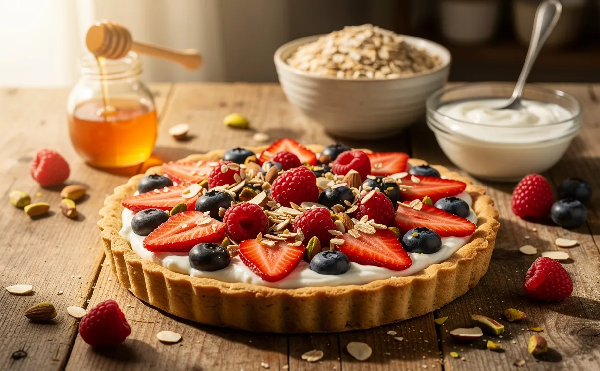 Tarte aux fruits garnie de baies fraîches et de noix posée sur une table en bois avec flocons d’avoine, miel et yaourt à côté, dans une lumière matinale douce.