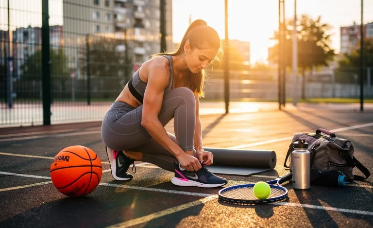 Une jeune femme s’apprête à faire du sport au lever du soleil sur un terrain urbain, entourée d’équipements variés comme un ballon de basket, une raquette de tennis et un tapis de yoga.