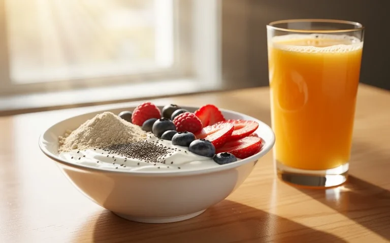 Un bol de yaourt garni de fruits rouges, de graines de chia et de poudre protéinée repose sur une table de petit-déjeuner éclairée par le soleil, avec un verre de jus d’orange à côté.
