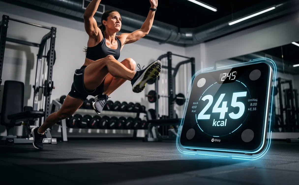 Une personne athlétique exécute un burpee en plein saut dans une salle de sport lumineuse, avec une balance digitale et des chiffres de calories affichés à côté.