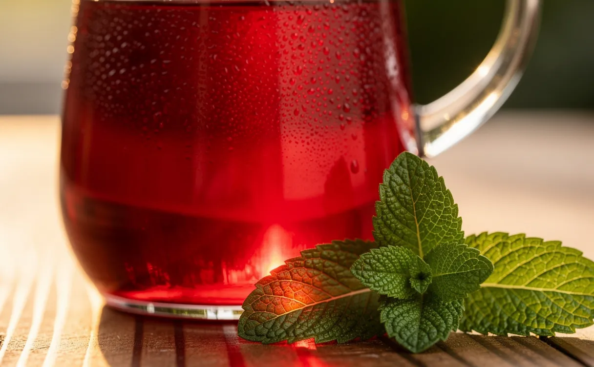 Un pichet en verre rempli de bissap rouge posé sur une table en bois, avec des feuilles de menthe fraîches à côté et la lumière du soleil traversant la boisson.