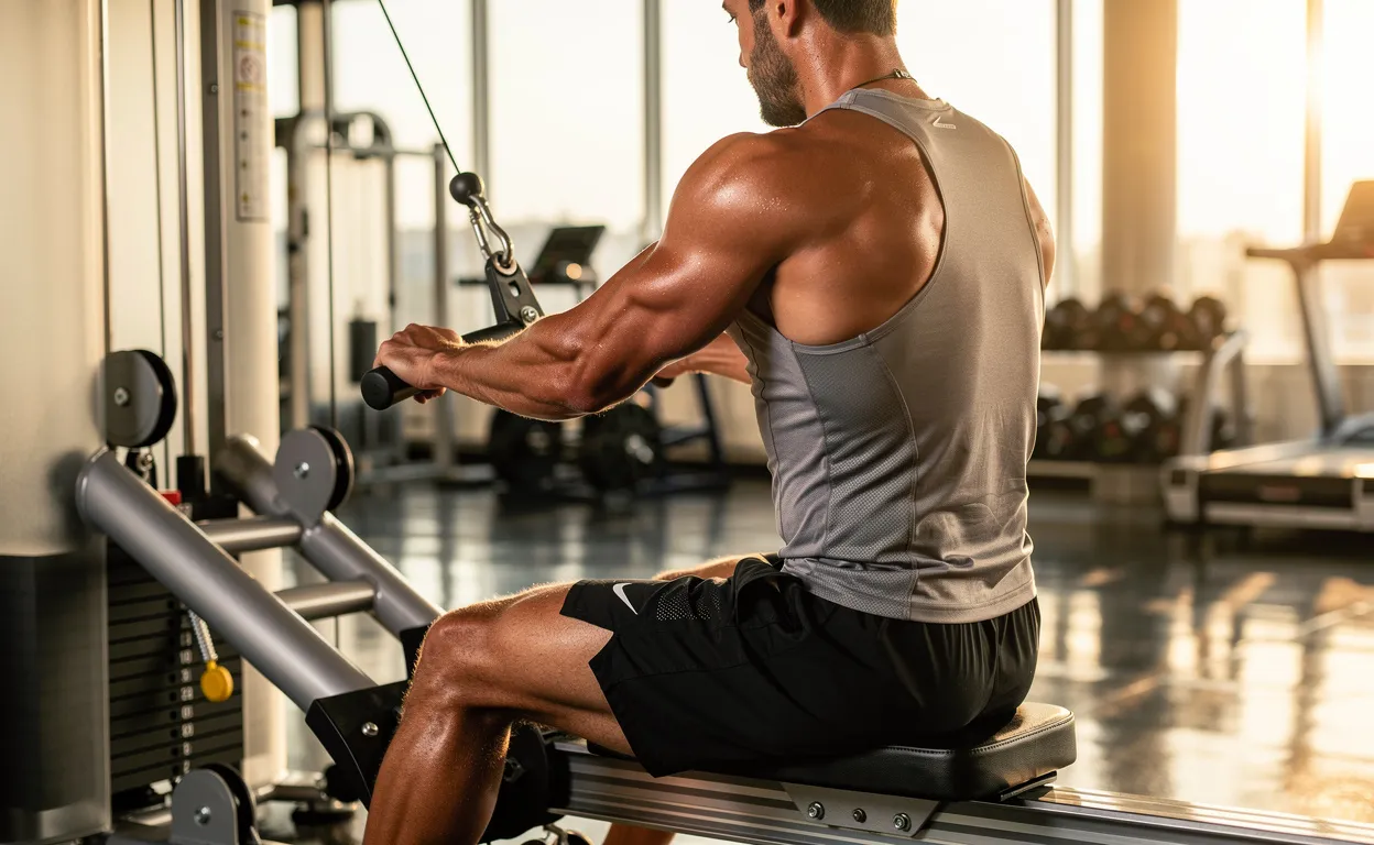 Une personne sportive réalise un exercice de tirage horizontal sur une machine moderne dans une salle de sport lumineuse, montrant un engagement du dos.