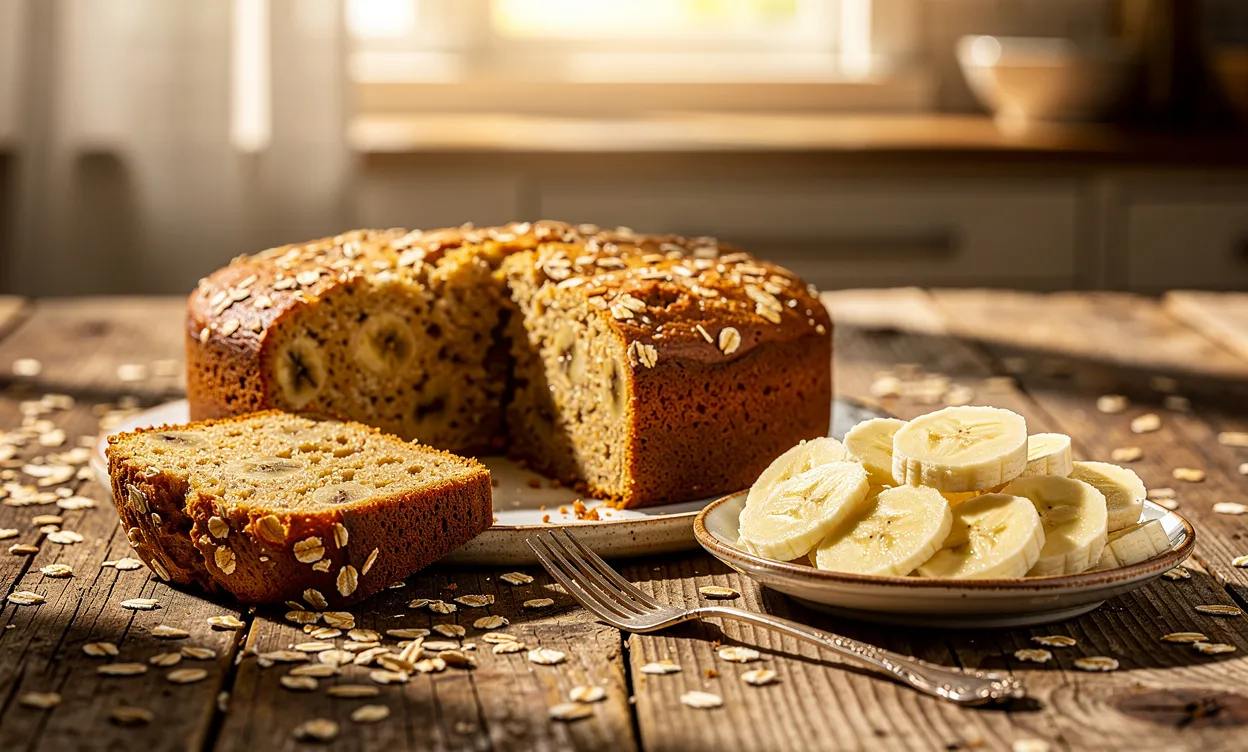 Gâteau du matin à l’avoine et à la banane entouré de rondelles de banane sur une table rustique éclairée par la lumière du soleil.