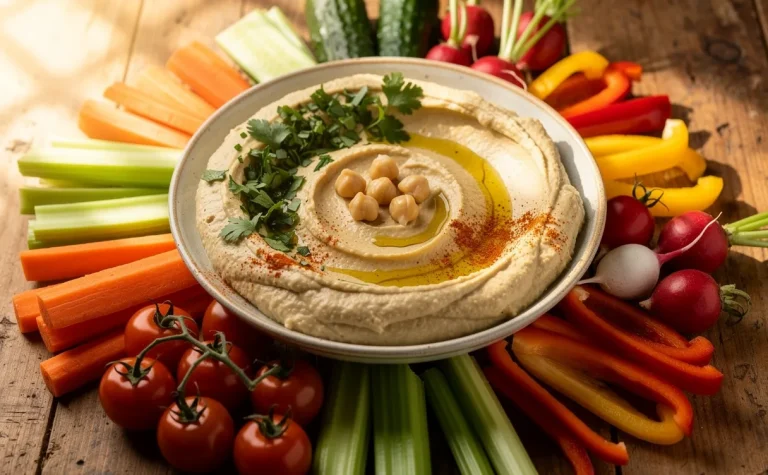 Un bol de houmous crémeux avec des herbes fraîches et un filet d’huile d’olive est entouré de légumes crus sur une table en bois éclairée par la lumière du jour.